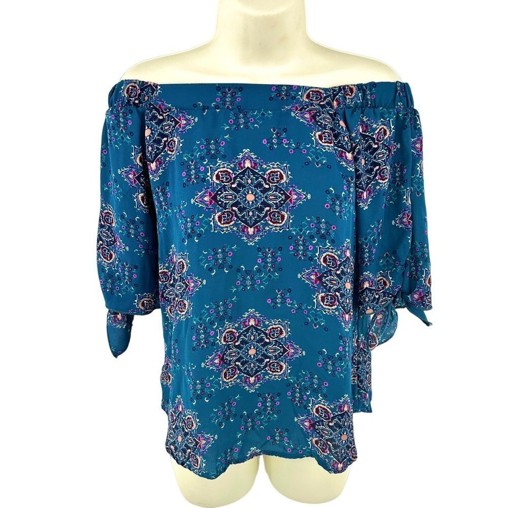 GORGEOUS RENEE C TEAL BLUE OFF SHOULDER BOHO PRINT TOP - XS - USA MADE!
